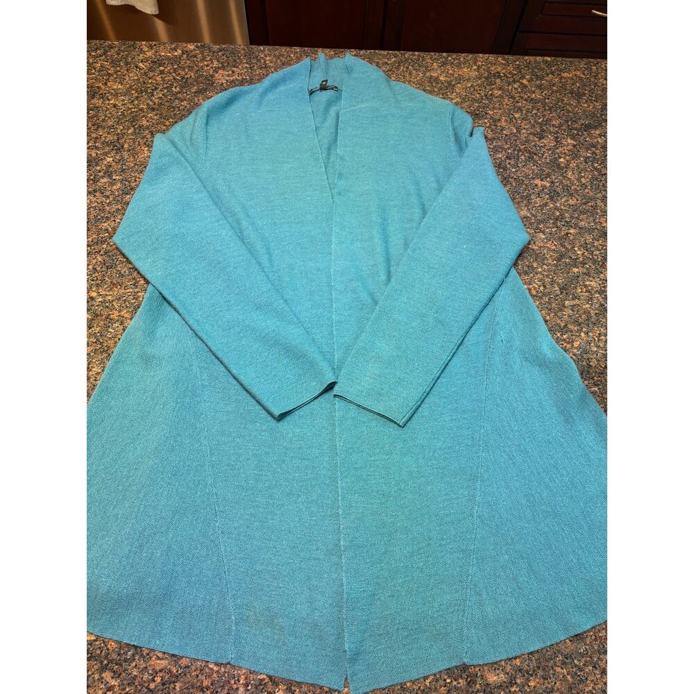 Eileen Fisher Teal Merino Wool Cardigan Size M FLAW